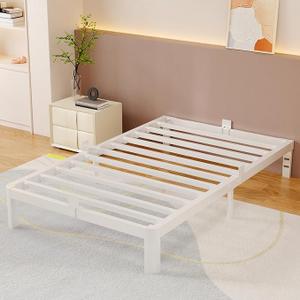 White 10 Inch Twin Bed Frames, Metal Bed Frame Twin Size with Anti-Slip Baffles, No Box Spring Needed, Rounded Corner Legs, Heavy Duty Steel Platform Support, Noise Free, Storage Space