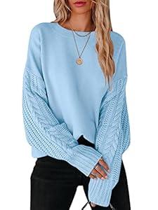 ANRABESS Women's Crewneck Cable Knit Long Sleeve Oversized Cozy Casual Chunky 2024 Fall Pullover Sweater Tops Trendy Outfits Blue Small