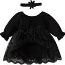 Baby Girl Romper Dress Ribbed Newborn Lace Boho Tutu Dresses Headband Baptism Photography Wedding Summer Outfit , 12-18 Months, Black Long Sleeve)
