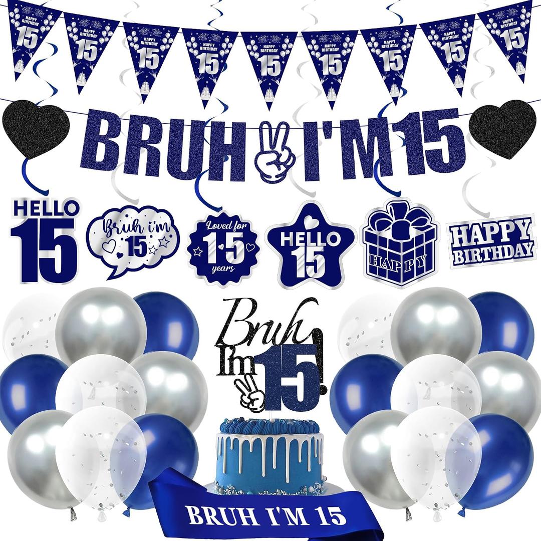 15th Birthday Decorations Banner Boys - 28 Pcs Blue Bruh I'M 15 Pre-Strung Banners Hanging Swirls Latex Balloons Sash Cake Topper Set for 15 Year Old Boy Party Decor Supplies