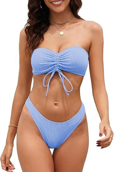 ZAFUL Women Strapless Drawstring Bandeau Bikini Wave 2 Piece Swimwear Cheeky Solid Lace up Bathing Suits(0-Light Blue,L)