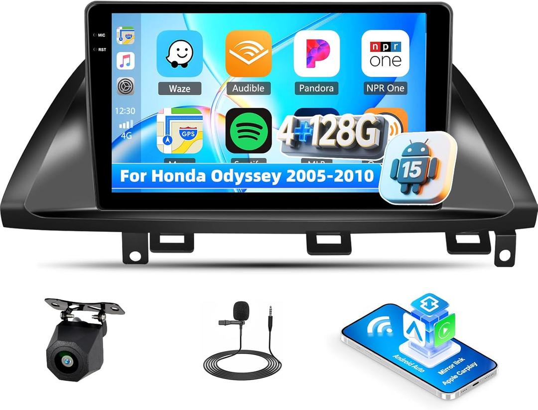 [4+128GB] Android 15 Car Stereo for Honda Odyssey 2005-2010 with Wireless CarPlay Android Auto,10.1" Screen Car Radio with Bluetooth GPS WiFi FM/RDS DSP EQ SWC Backup Camera
