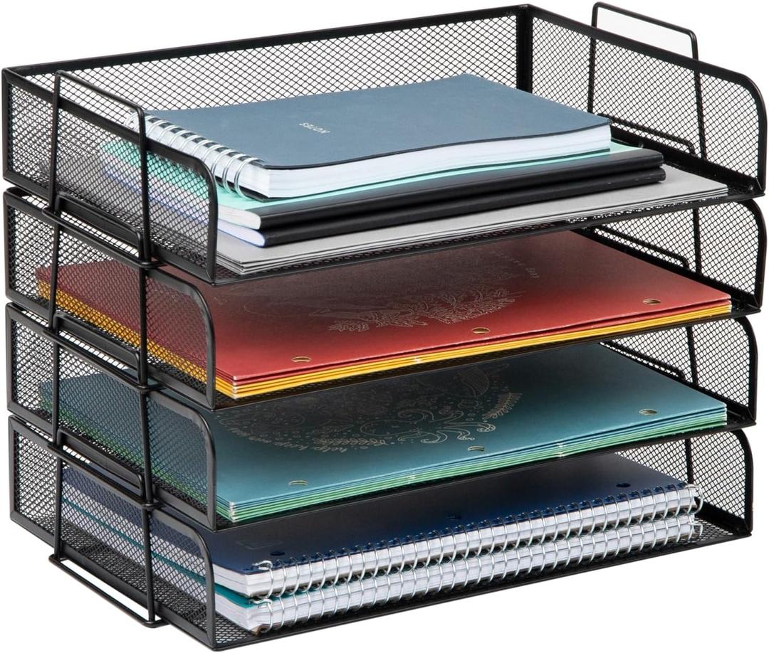 Mind Reader Stackable Paper Tray, Desktop Organizer, File Storage, Office, Metal Mesh, 14" L x 9.75" W x 11.25" H, 4 Pcs., Black
