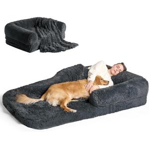 EHEYCIGA Foldable Human Dog Bed, 72"x44"x11" Orthopedic Memory Foam Human Sized Dog Bed, Waterproof Pet Bed for People, Faux Fur Pet Couch for Adult with Non-Slip Bottom, Dark Grey