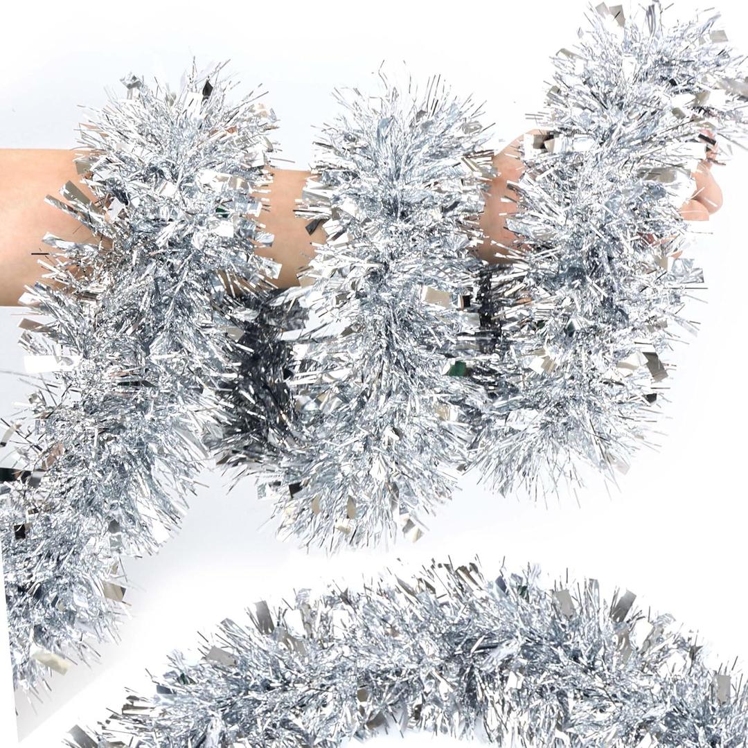 50 Ft Silver Christmas Tinsel Garland - Metallic Twist Shiny Hanging for Tree Decorations, Xmas Holiday, Home Indoor Outdoor Party Supplies Decor