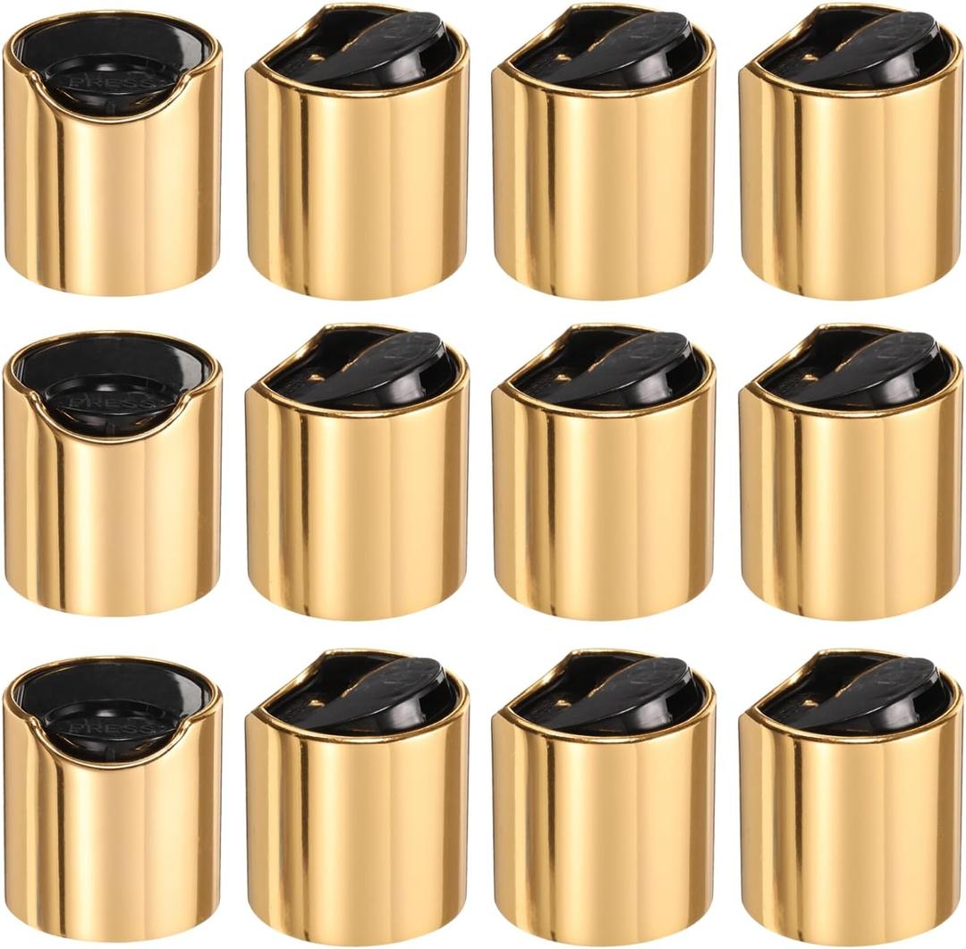 UXcell 12pcs Aluminized Plastic Disc Top Caps, 24/410 Replacement Press Caps Durable Dispensing Lids for Squeeze Bottles, Refillable Bottles, Gold Black