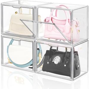 DILIBRA 4 Packs Clear Plastic Handbag Storage Organizer for Closet, Small Acrylic Display Box for Handbag, Stackable Storage Boxes Bag Organizer with Magnetic Door for Purse Clutch Wallet Book