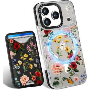 Toycamp for iPhone 17 Pro Max Case - Compatible with Magsafe Credit Card Holder Wallet Magnetic Cute Women Teen Girls Kawaii Girly Unique Flower Floral Design Phone Cover for Apple 17 Promax