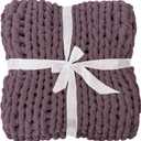 Bigacogo Chunky Knit Throw Blanket for Couch, 51x63 inches, 100% Hand Knitted with Thick Jumbo Chenille Yarn, Cozy Soft Large Rope Knot Cable Crochet Blankets for Sofa Bed Living Room, Winter Grape