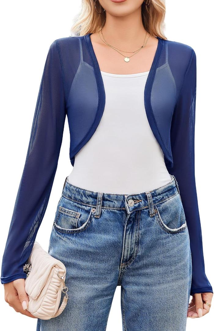 Women Sheer Shrugs Long Sleeve Cropped Cardigan Open Front Bolero Shrug for Evening Dressy (Blue, XL)