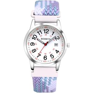 Avaner Stretch Band Wrist Watches: Multicolored Braided Strap Large Face Easy Reader Quartz Watch for Women Men (Purple White)