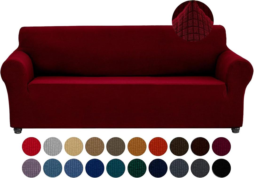 Joccun Christmas Stretch Couch Cover Slipcovers, 1-Piece Sofa Covers for 3 Cushion Couch Spandex Jacquard Washable Furniture Protector Cover for Living Room,Kids,Pets(Sofa,Red Dahlia) (Large78"-94")