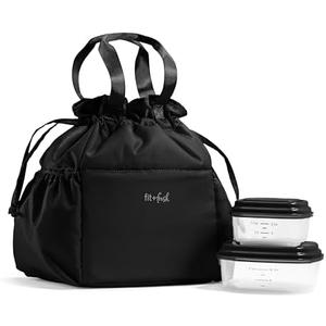 Fit & Fresh Cromwell Drawstring Lunch Bag for Women, Complete Lunch Set with 2 Containers, Stain-Resistant, Leak-Resistant, Back to School Essential, Teacher Lunchbox, Black