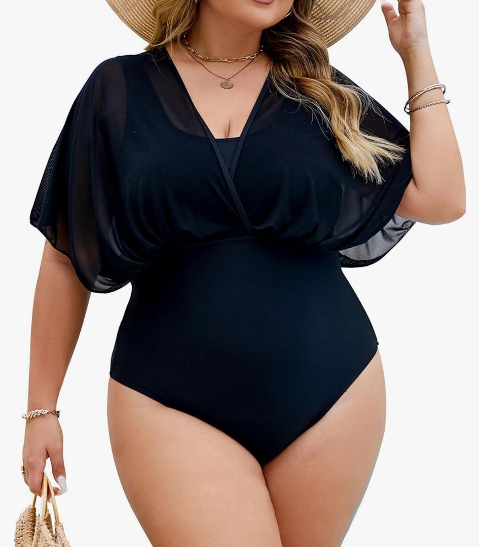 Jolefille Plus Size One Piece Swimsuit for Women Modest Tummy Control Bathing Suit Mesh Sleeve Flattering Slimming Swim Suits XXL