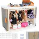 Foldable Doll Wardrobe Storage Box Compatible with Labubu Clothes with 10 Hangers & Rod - Stackable Organizer Cabinet for 15/17cm Doll Clothes with Dust-Resistant Cover and Display Shelf