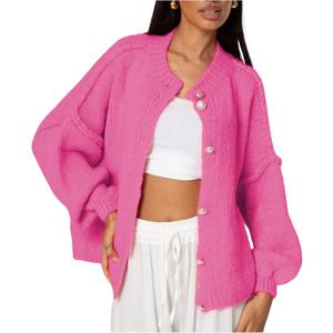 SeekMe Womens Cardigan Sweaters Casual Lightweight Long Sleeve Button Up Knit Oversized 2026 Fall Outwear (Large, Hotpink)