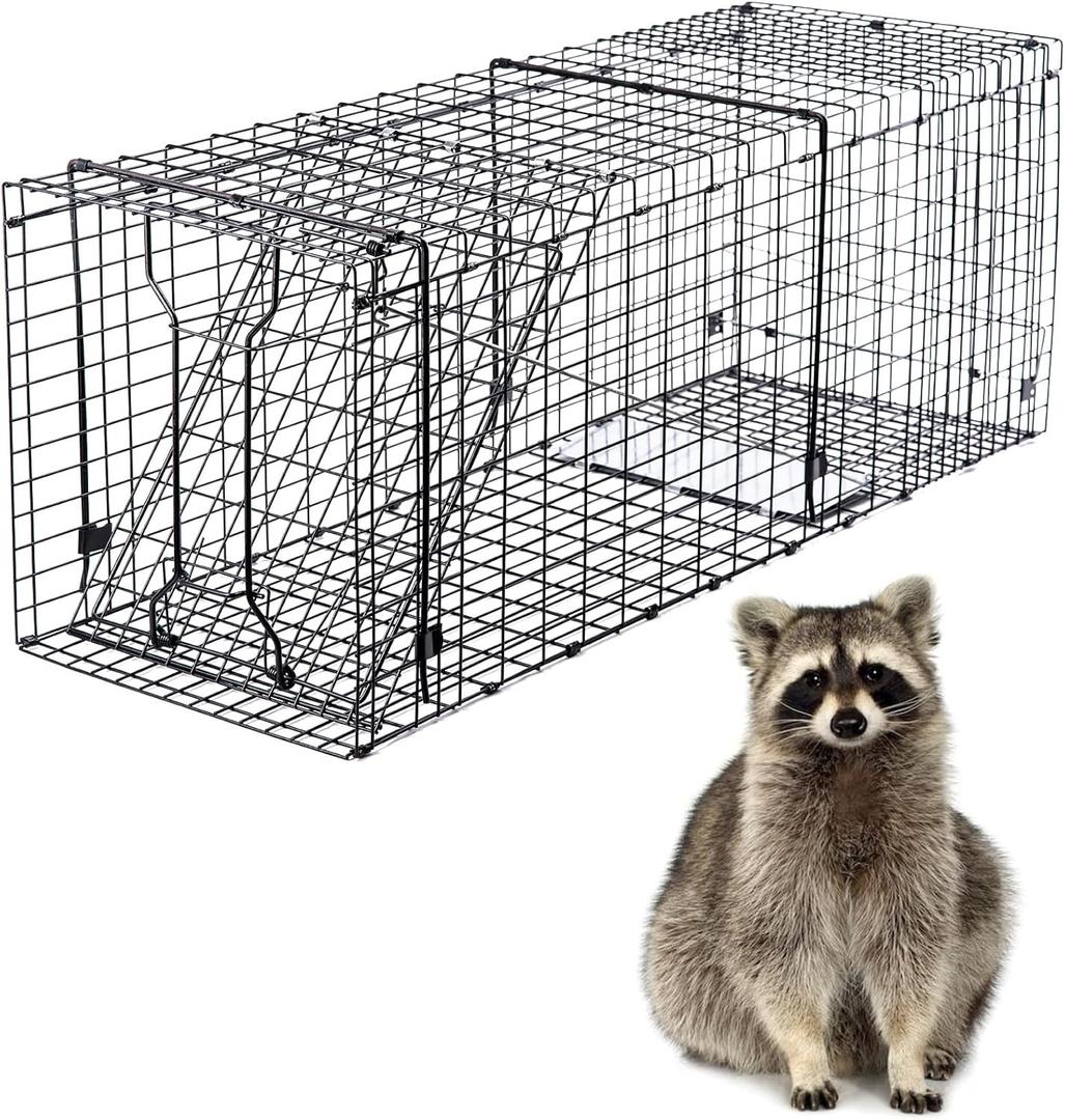 Heavy Duty Live Trap 37x13x14.5 Inch Steel Collapsible with Humane Trap Release Door for Stray Cats, Raccoons, Skunks, Groundhogs, Armadillos and Other Live Animals.