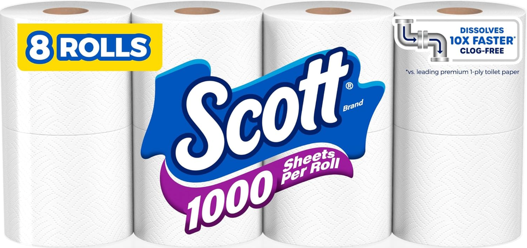 Scott 1000 Toilet Paper, 8 Rolls, Septic-Safe, 1-Ply Toilet Tissue