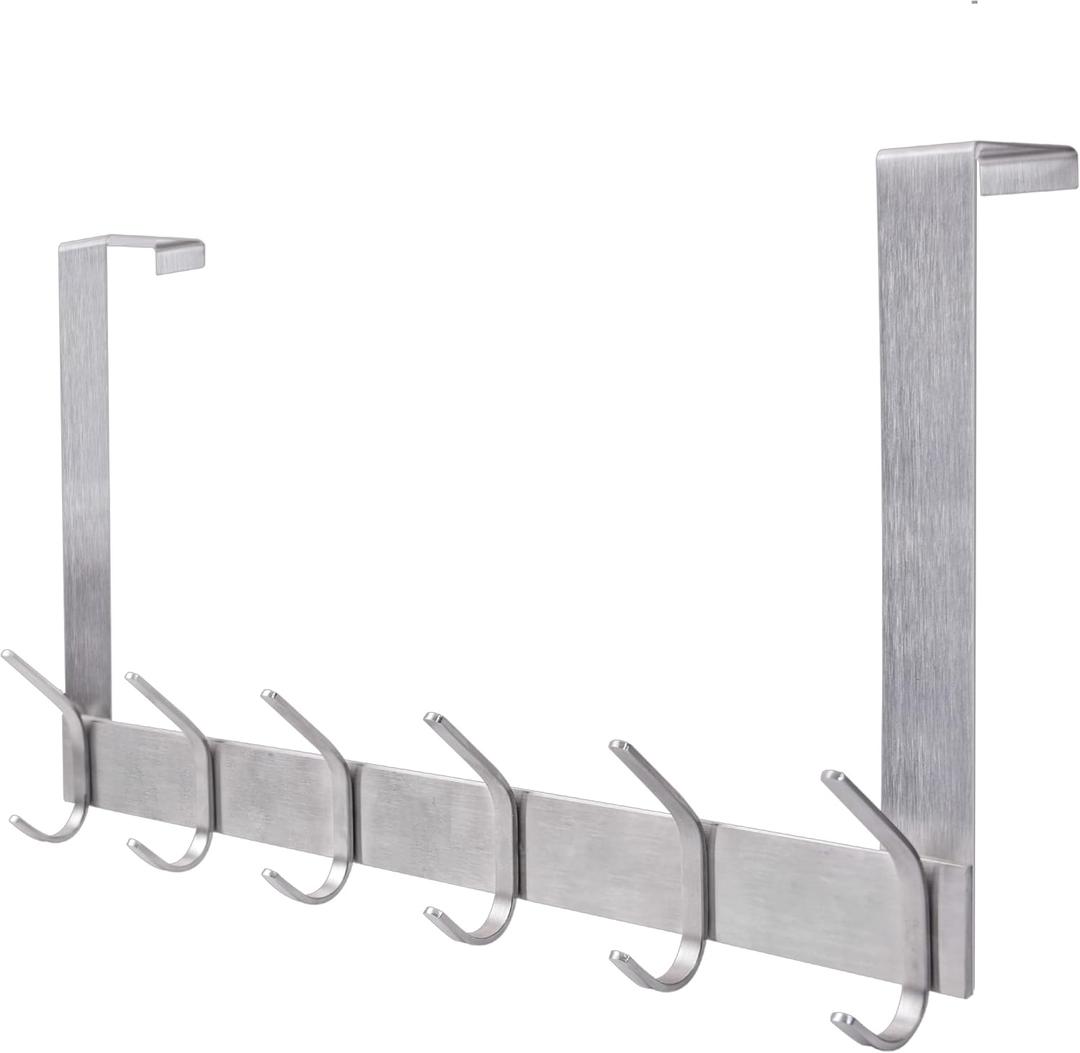 YUMORE Over The Door Hooks, Stainless Steel Heavy Duty Door Hanger for Coats Robes Hats Clothes Towels, Hanging Towel Rack Organizer, Easy Install Space Saving Bathroom Hooks (Brushed Finish)