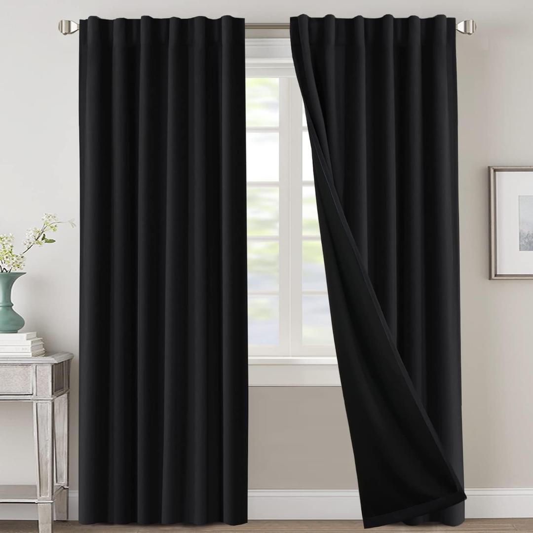 H.VERSAILTEX 100% Blackout Curtains for Bedroom with Black Liner Full Room Darkening Curtains 84 Inches Long Thermal Insulated Back Tab/Rod Pocket Window Drapes for Living Room, 2 Panels, Jet Black