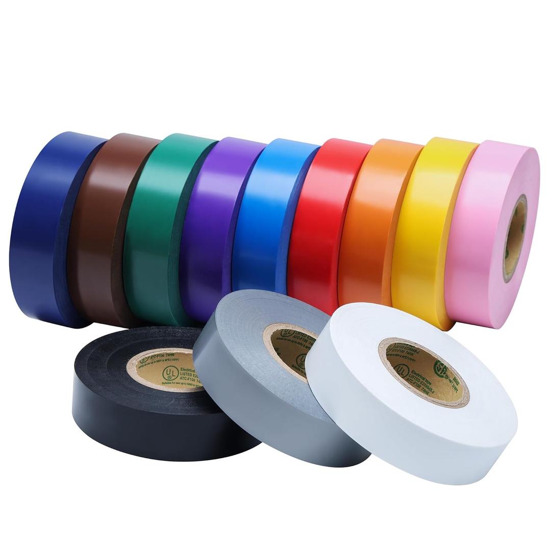 Lichamp 12 Pack Colored Electrical Tape Waterproof, 3/4 in x 66ft, Industrial Grade UL/CSA Listed High Temp Electrical Tape Colors Electric Super Vinyl, 1275C1