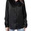 Women's Satin Button Down Shirts Casual Long Sleeve Work Shirt Dress Blouses Tops (Large, Black)