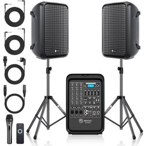 Professional Portable All-in-One Integrated 2-Way PA System Fixed Setup, Suitcase Design w/ 8-Channel Mixer, 2 Speaker Stands, Bluetooth, Mic for Performances, Presentations
