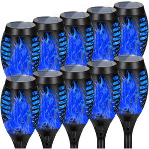 Solar Lights Outdoor, Upgraded 10 Pack Blue Solar Torch Light with Flickering Flame for Garden Decor, Waterproof Outdoor Lights Solar Powered, Tiki Torches for Outside Yard Patio Pathway Decor