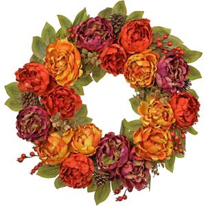 Artificial Fall Wreath for Front Door 24 Inch Peony & Mixed Floral Wreath with Maple Leaves & Berries, Rustic Autumn Wall Décor