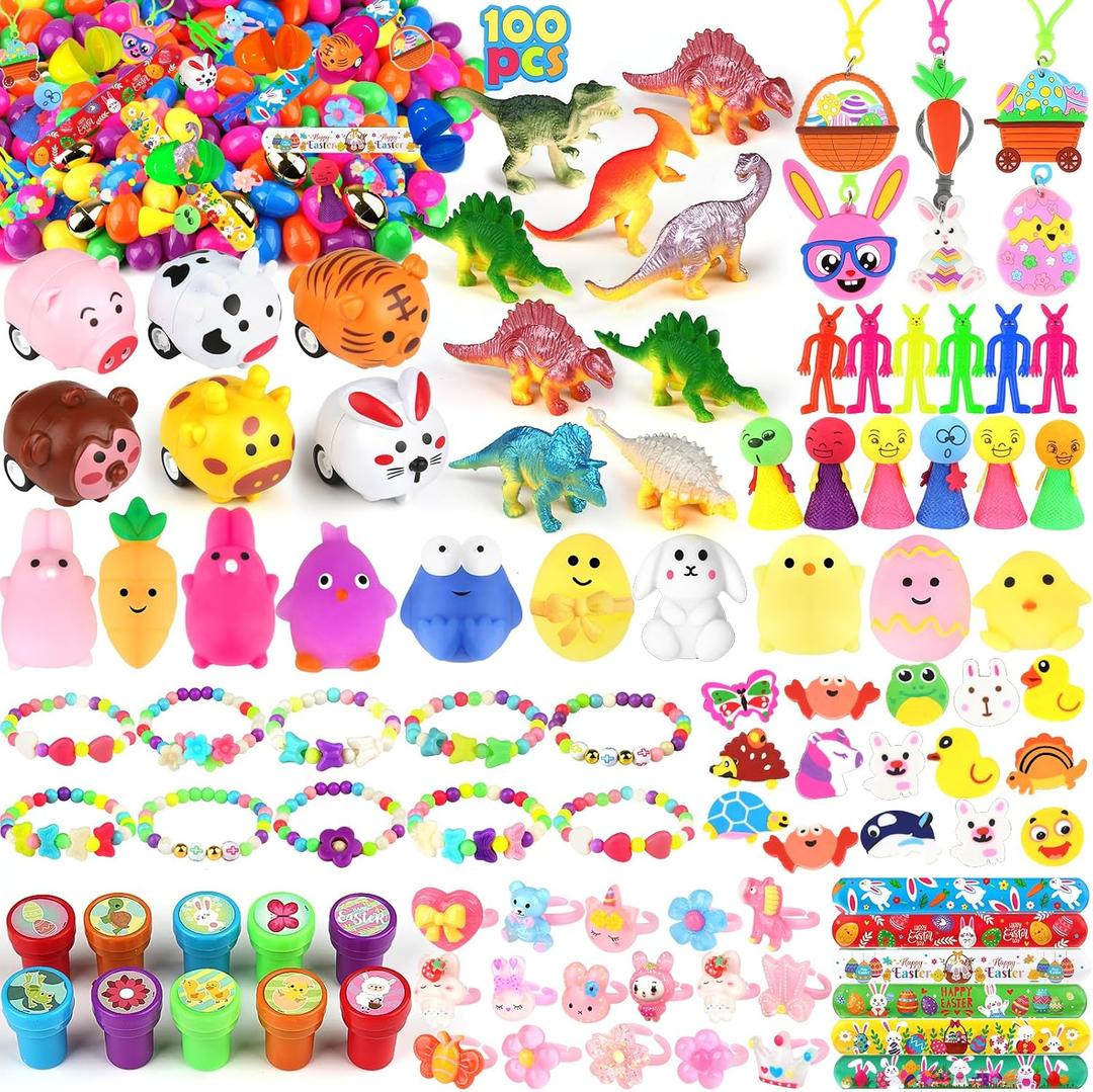 LEASEN [ 6 Golden Eggs ] 100 Pack Prefilled Easter Eggs with Novelty Toys Inside, 100 Plastic Easter Eggs Fillers with Toys, Pre-filled Easter Egg Party Favors, Easter Basket Stuffers