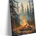 XLMDYYSW Forest Bonfire Wall Art Woodland Campfire Pictures Vintage Camping Theme Canvas Print Farmhouse Nature Landscape Paintings Bedroom Home Decor Framed (Brown, 18L x 12W)