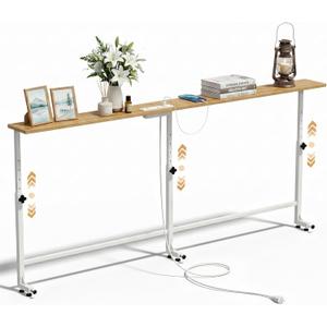 Faesun 67 Inch Narrow Behind Couch Table with Charging Station, Oak, 5.9"D x 67"W x 23.6"-34.6"H