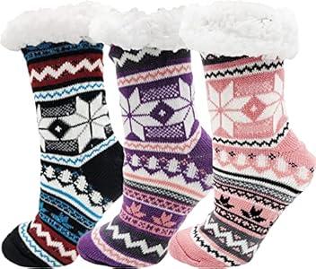 Fluffy Thermal Sherpa Slipper Socks, 3 Pairs for Women, Ultra Soft Christmas Winter Non Skid (Snowflakes)