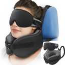 YFONG Travel Pillow for Long Flight Airplanes, Head Strap Combo with 3D Contoured Eye Mask for Sleep, Neck Pillow for Car Trip Essential, 360 Support Memory Foam Headrest, Prevent Head Bobbing, Black
