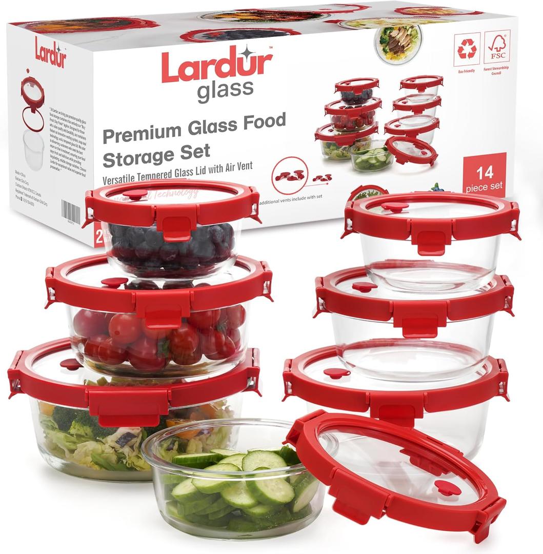 Premium Glass Food Storage Containers with Vented Lids  Set of 7, Various Size Round Borosilicate Glass Meal Prep Containers  BPA-Free, Microwave, Oven Dishwasher & Freezer Safe, Gift Packaged