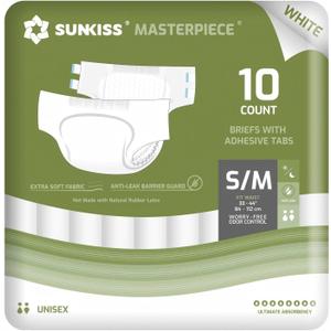 SUNKISS Masterpiece Adult Diapers with Tabs, Unisex Disposable Incontinence Briefs for Women and Men, Odor Control, White, Small/Medium, 10 Count