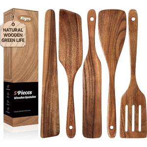 KLYRO 5 PCS Wooden Spatula Set, Natural Teak Wooden Spoons for Cooking, Nonstick Cookware Safe Kitchen Utensils Set, Durable & Elegant Cooking Utensils Gift Set