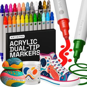 ARTISTRO 24 Acrylic Paint Markers for Rock, Fabric, Wood, Glass, Craft, Decoration - Dual-Tip Paint Pens - Stocking Stuffers, Christmas Gift Idea for Teens, Grandkids, Kids - Art Supplies