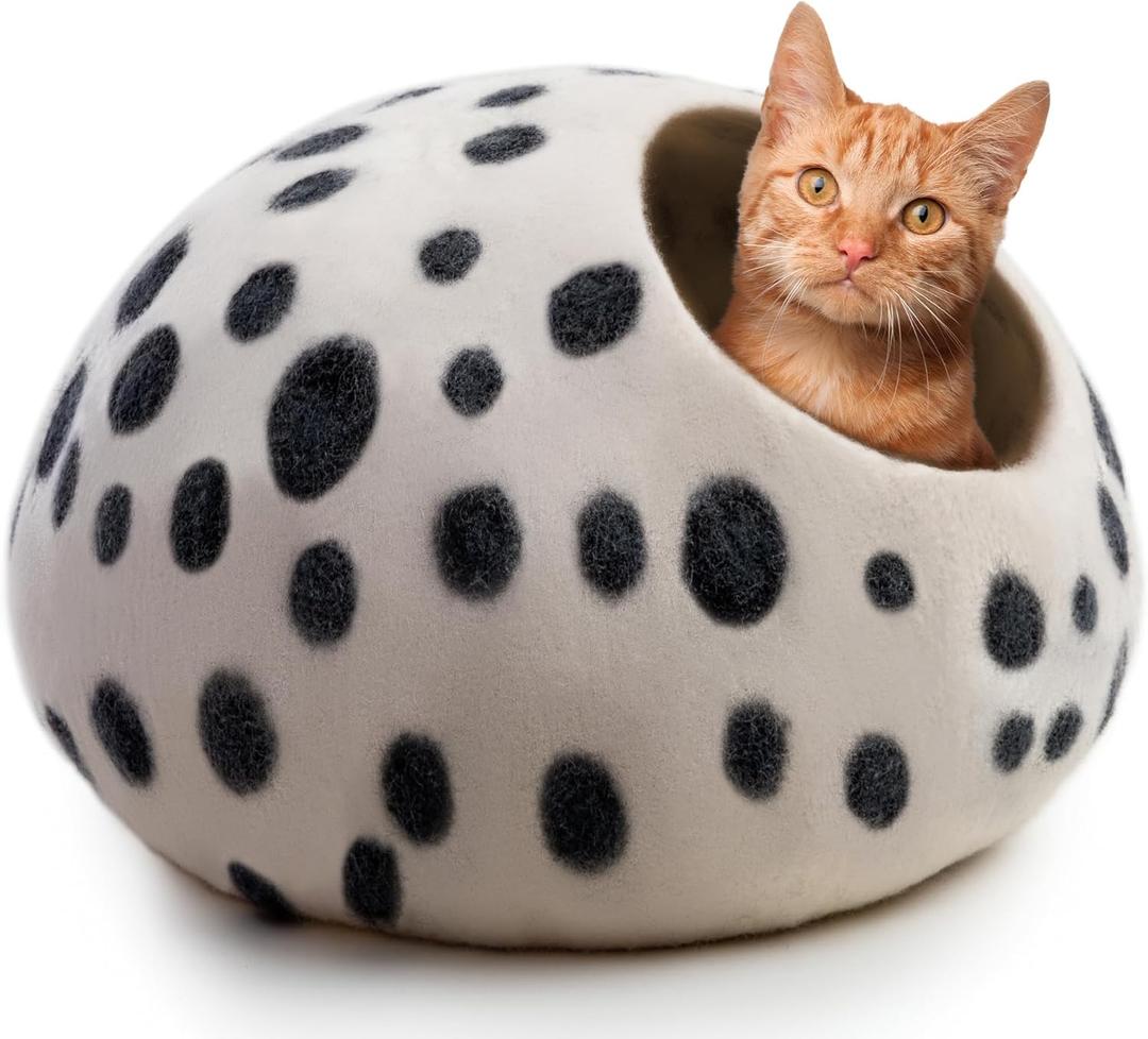 Luxurious Eco-Friendly Merino Wool Cat Cave Bed - Foldable Hideaway Pod for Indoor Cats - Premium Felt Kitten Beds - Covered Cat House for Ultimate Cozy Comfort by Woolygon (Medium, Snow Leopard)