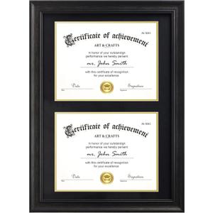 Yaetm Vertical Double Diploma Frame 14x20 for Two 8.5x11 Certificates, Degrees, Documents, Tempered Glass with Black Over Gold Acid-free Mats, Dual Diploma Frames, Black/Black