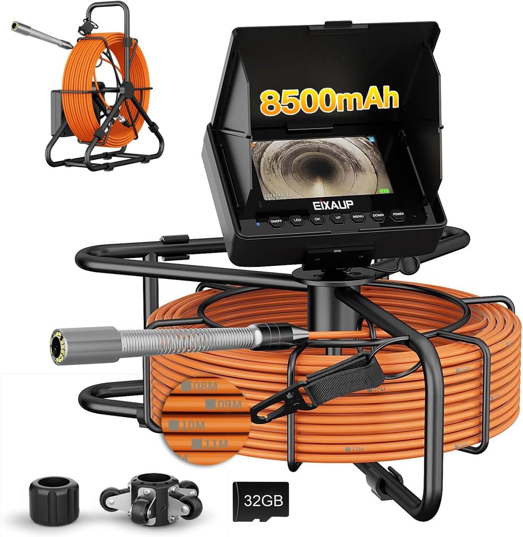 Sewer Camera, 100 ft/30 m, 4.3" Pipe Drain Inspection Camera with DVR Function and 12 Pcs LED Lights, IP68 Waterproof 23 mm Industrial Endoscope, Meter Marker, Included 32GB Card
