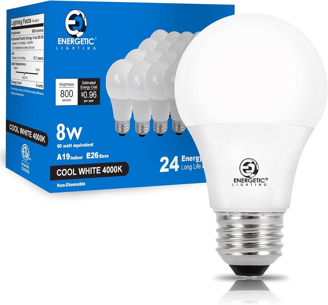 E ENERGETIC LIGHTING Light Bulbs 60 Watt Equivalent, A19 Cool White LED Light Bulbs, 15000 Hrs E26 Base, 8W, 800LM, 4000K Light Bulb, ETL Listed, Non-Dimmable, 24-Pack