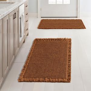 MIULEE Set of 2 Waffle Bathroom Rugs, Terracotta Boho Bath Rugs Non Slip Washable, Super Absorbent Bath Mats, Ultra Soft Rubber Backed Shower Mats for Bathroom Floor, Tub, Caramel, 17x24 Inch
