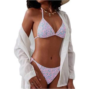 SOLY HUX Women's Floral Halter Swimsuit Tie String Cheeky Bikini Set High Cut Bathing Suits 2 Piece (Large)