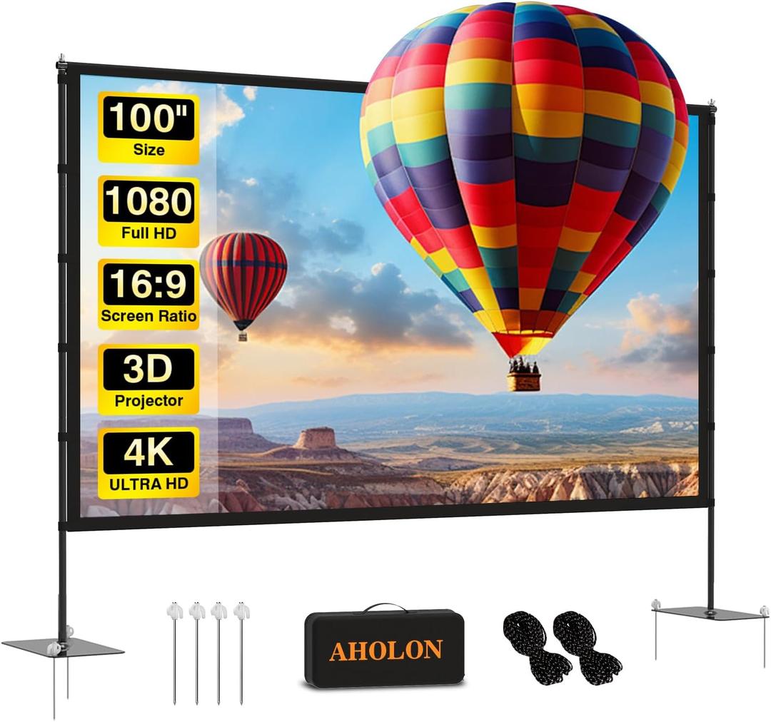 AHOLON Outdoor Projector Screen with Stand - 100 inch Portable Projector Screen Indoor Outdoor Projector Screen 16:9 4K HD Outdoor Movie Screen with Carry Bag Can Enioy Home Theater Projection Screen