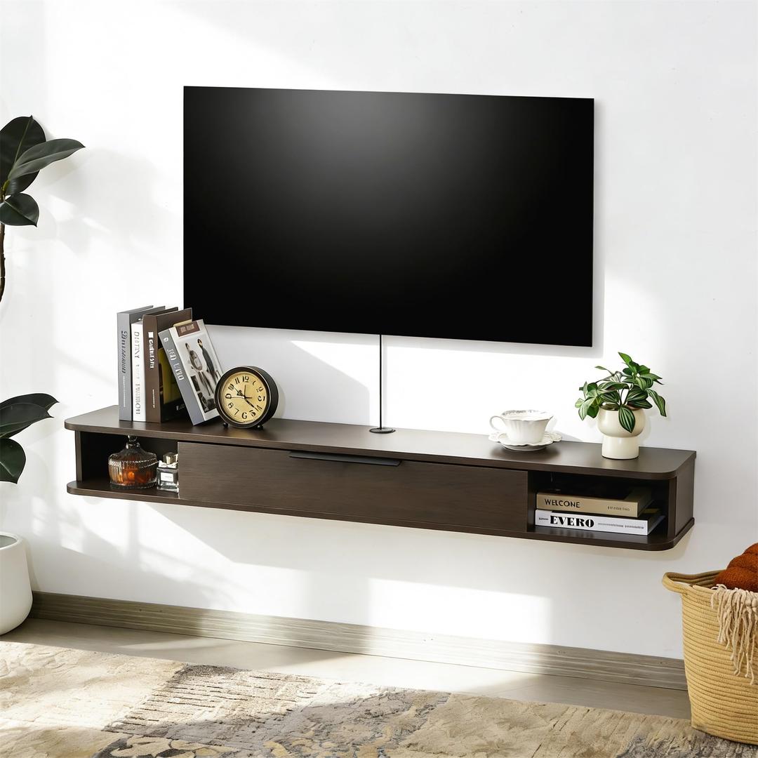 Mordchil HF Floating TV Stand, 55" Wall Mounted TV Cabinet, Wood Media Console for TVs up to 65", Entertainment Center with Storage for Living Room, Under TVs Shelf for DVD Player, Coffee
