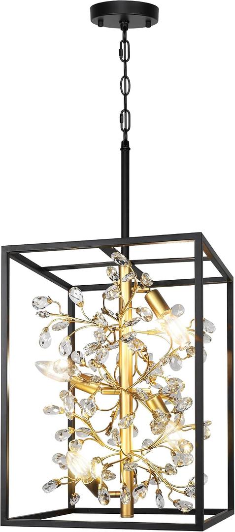 CNRATYE Large Black and Gold Lantern Chandelier, 4-Light Modern Farmhouse Pendant Lighting for Kitchen Island, Rustic Hanging Cage Light Fixture for Dining Room Entryway Living Room Hallway