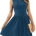 Women's Casual Work Summer Dress V Neck Sleeveless Pleated Beach Sundresses Boho Midi Swing Dresses Dark Blue Large