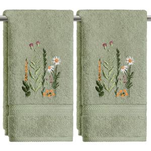 Artoid Mode 2 Pcs Sage Green Wildflower Floral Embroidered Hand Towels for Bathroom, Cotton Soft Absorbent Farmhouse Decor Towels, 13.7 x 29.5 Inch