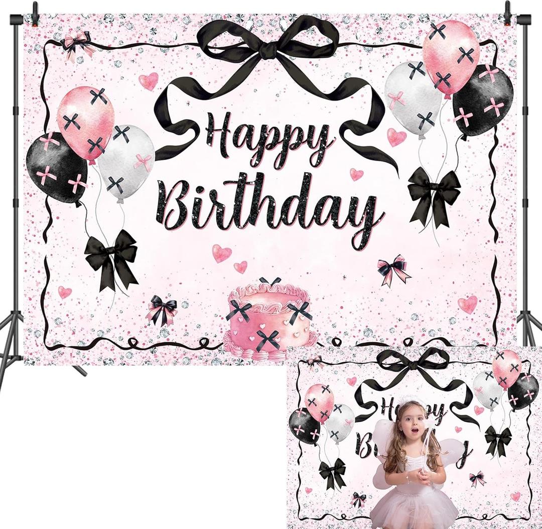 Black and Pink Bow Birthday Backdrop 7x5FT Pink Black Bow Happy Birthday Banner Decorations Big Bows Party Photo Background